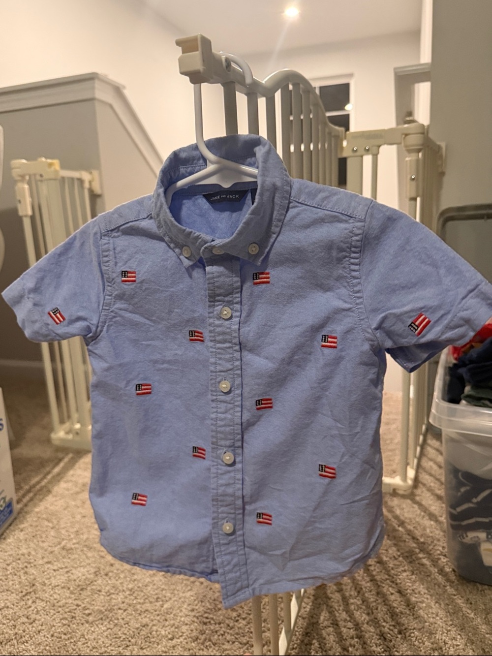 Janie and Jack Light Blue Button-Down Shirt with Red & White Flag Embroidery